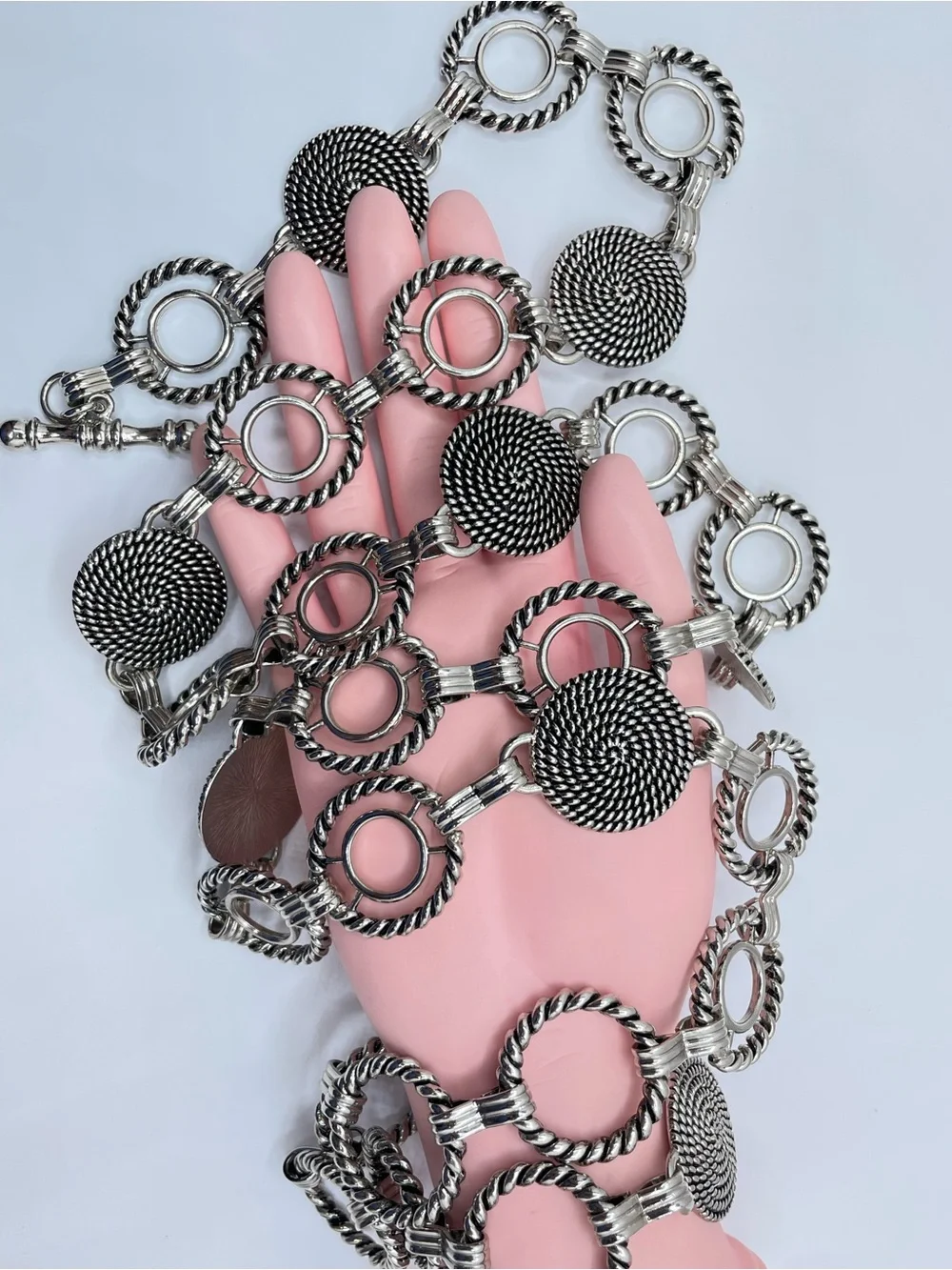 Silver Tone Metal Chain Link Belt 44” Boho Statement Cable Disc Toggle